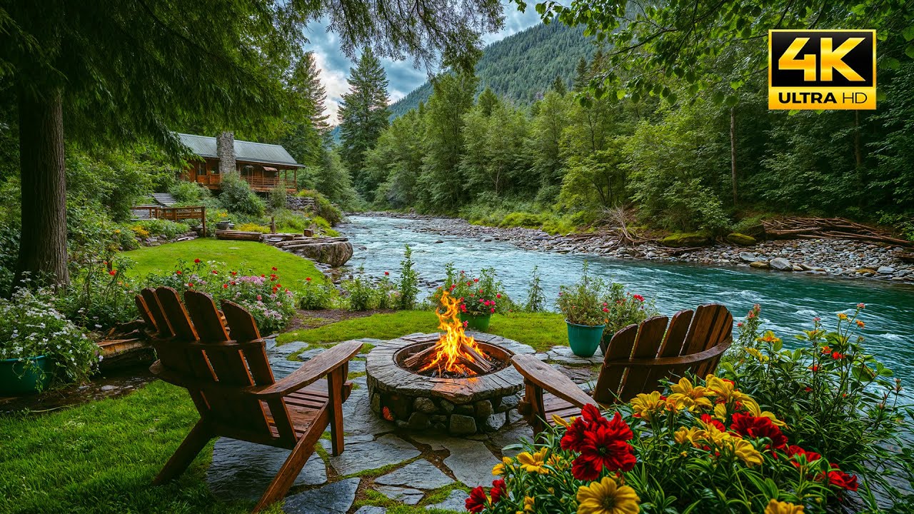 Soothing Spring Vibes by the River with Calming Nature Sounds. Cozy Crackling Campfire and Birdsong