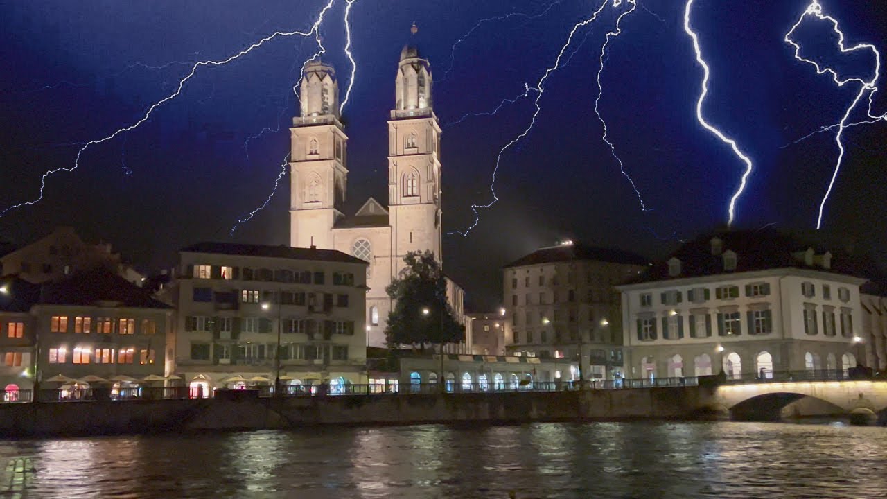 Zurich Lightning ⚡️ Storm ⛈️ Night Walk Heavy Rain ☔️ 4K Walking Tour Summer Switzerland