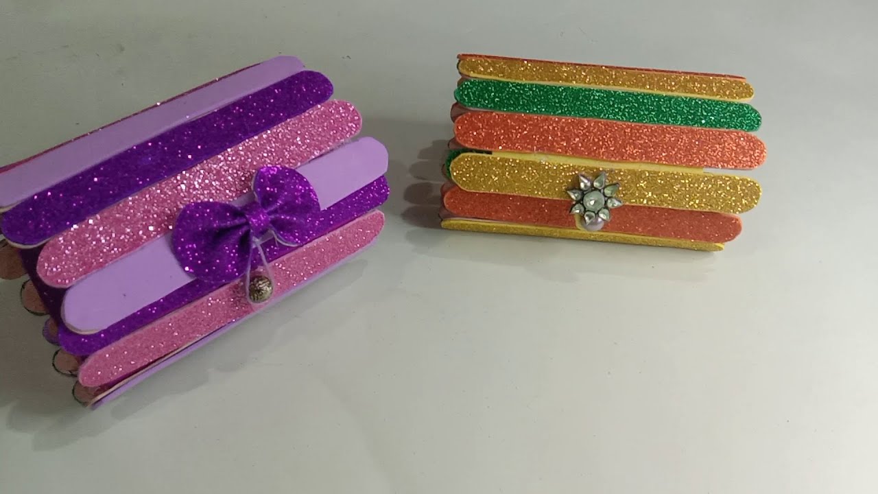 طريقه عمل صندوق من خافض اللسان والورق الفوم تنفع صندوق للهدايا او علبه اكسسوارات - Popsicle Stick