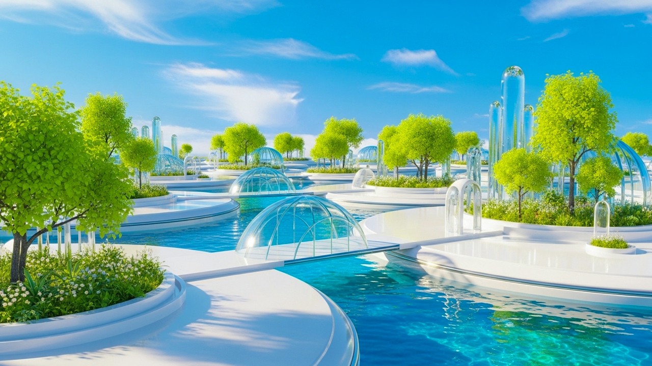 Frutiger Aero Floating Aqua City Park 4K | Calm Ambient Music | Early 2000s Nostalgia