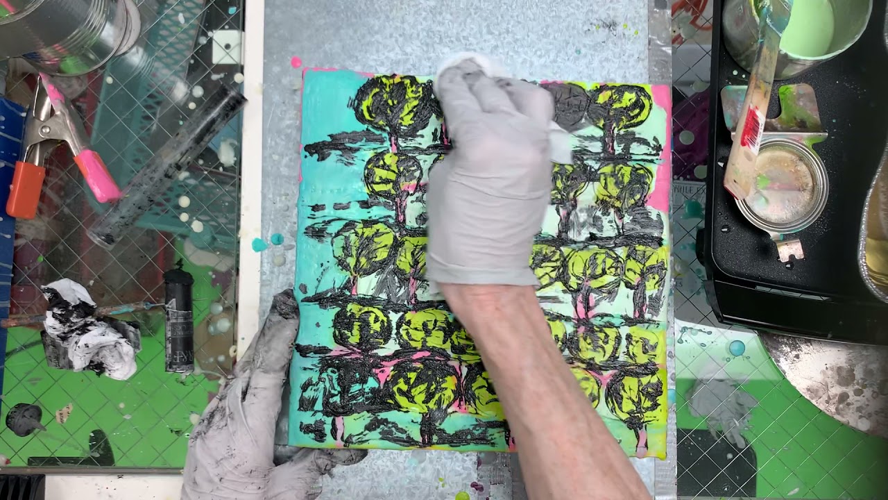 Adding details to encaustic painting using black pigment oil stick.