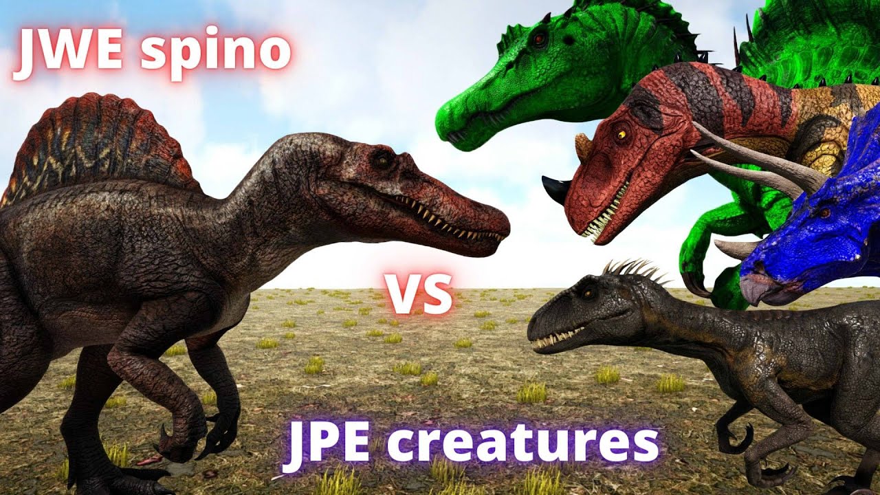 Jurassic park spinosaurus vs RexJP, Rexy, Spino, Indoraptor, Suchomimus and more JPE dino ark battle