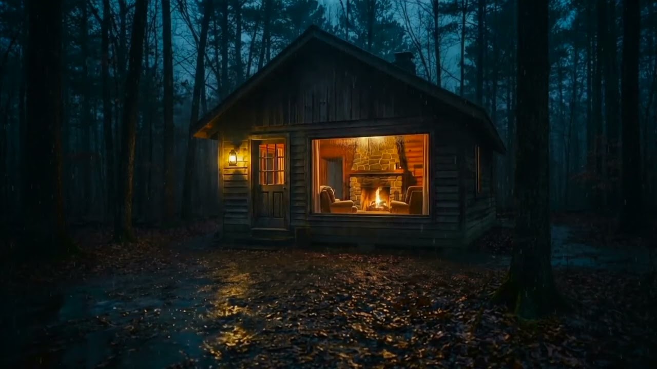Cozy Mountain Cabin Night | Fireplace & Rain Ambience