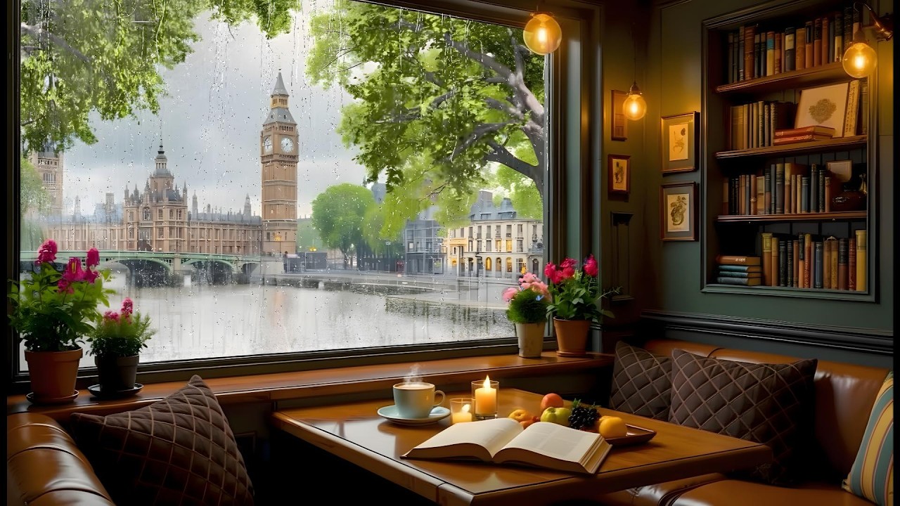 Spring Ambience ☕ Beautiful Cozy Coffee Shop With Smooth Jazz Piano & Sounds Rain for Study, Work