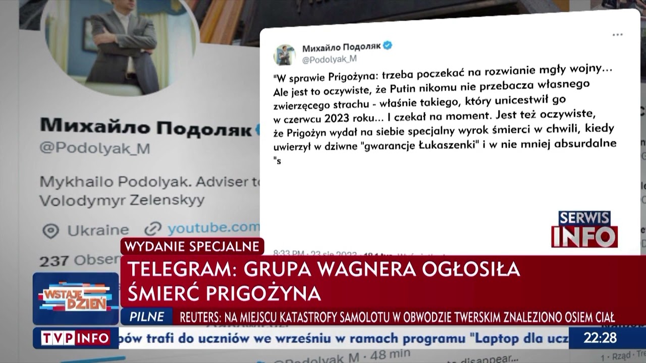 Doradca Zełenskiego: Prigożyn wydał na siebie szczeg&oacute;lny wyrok śmierci