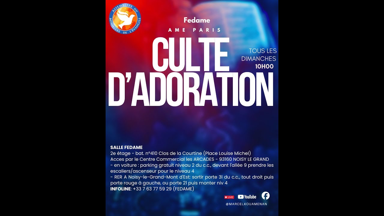 Culte du Dimanche 18 janvier 2026 - AME PARIS - Prédication, Pasteur Marcel Kouaménan, et louange