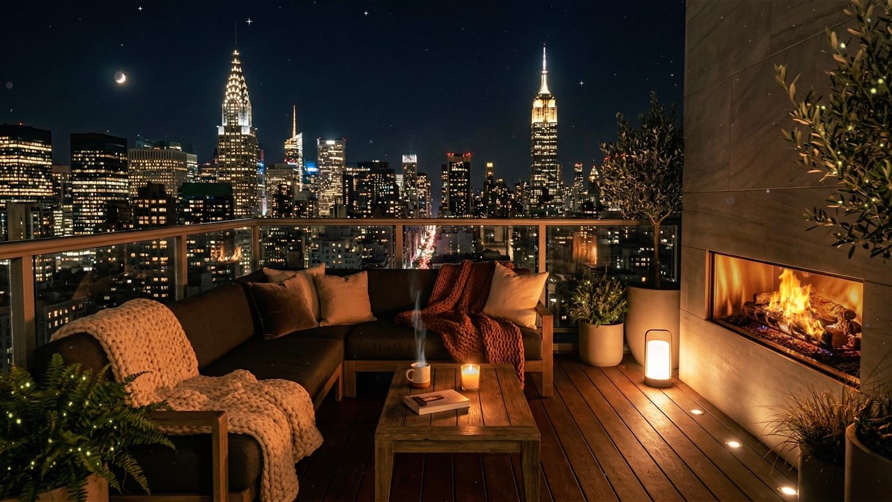 Spring New York City Night Balcony Ambience to Sleep, Relax, Work 😴🌿🌃 (City, Fireplace Sound)