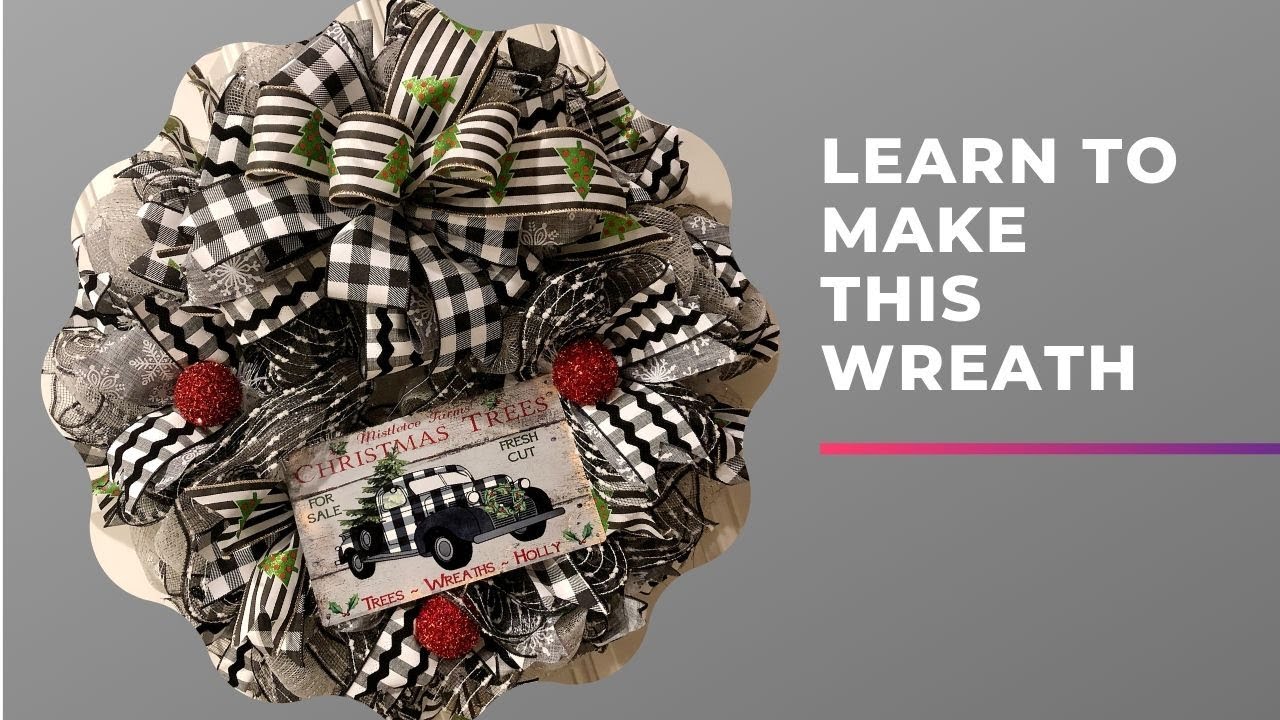 How to make a  Poof with ruffle Black and white Christmas Truck Wreath