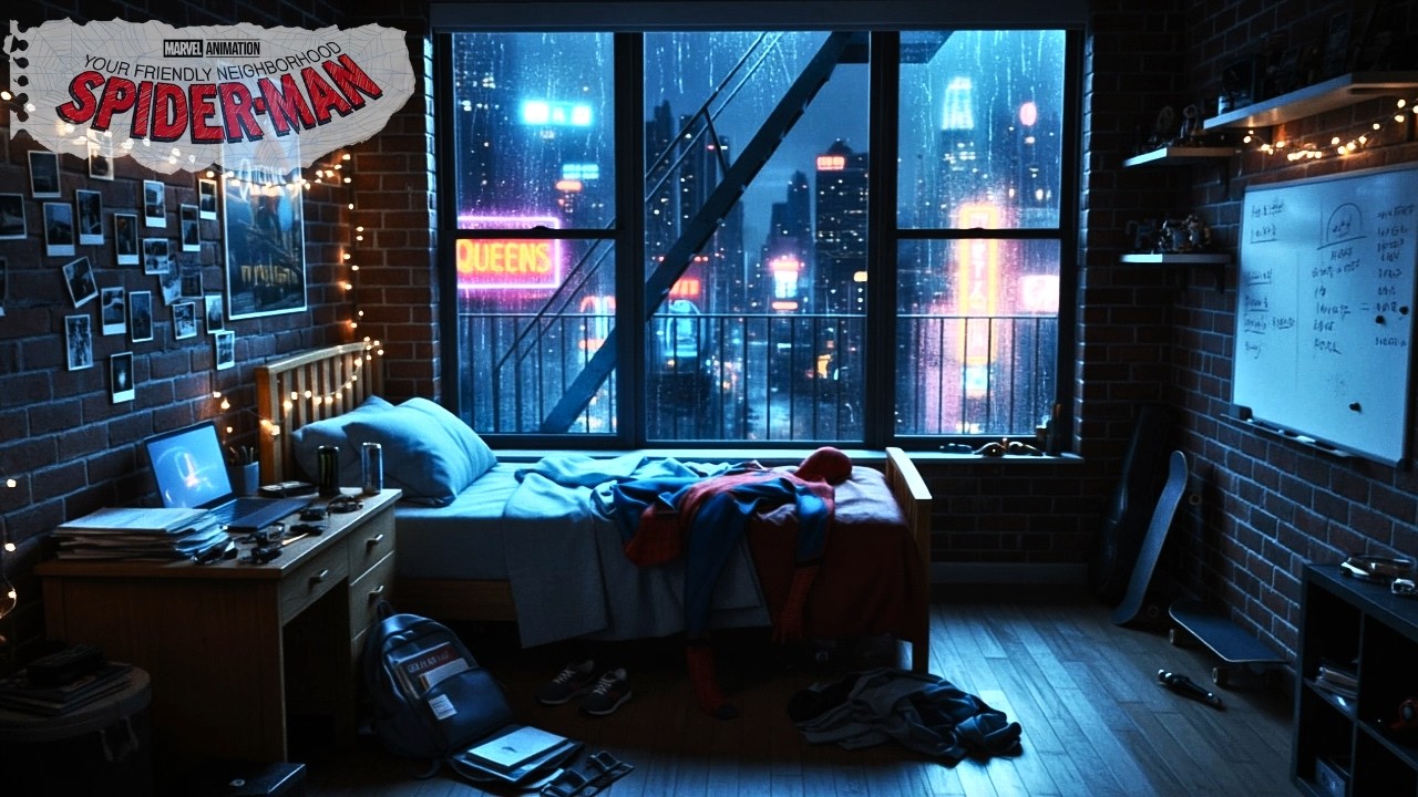 Night Rain Sounds for Sleeping | Peter Parker's Bedroom 🕷️ Spider-Man Ambience for Relaxation