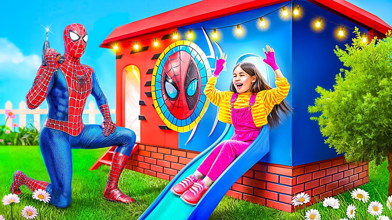 スーパーヒーローのタイニーハウスビルトチャレンジ！リアルライフのデッドプール&スパイダーマン！