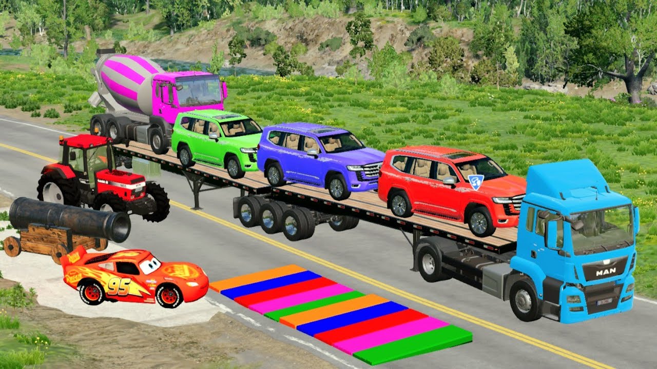 Flatbed Truck McQueen | Transportation with Truck - Pothole vs Car 