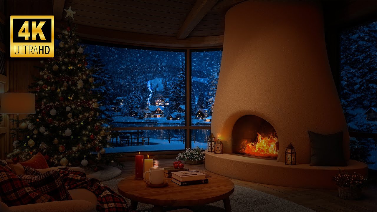Cozy Modern Christmas Lodge at Night 🎄 Frozen Lake View & Gentle Snow