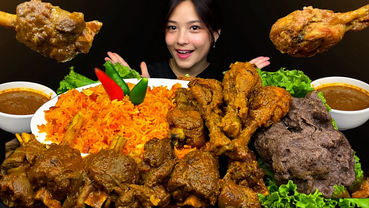 DHIDO WITH SPICY MUTTON MASALA GRAVY🔥CHICKEN LEG PIECE GRAVY & FRIED RICE EATING | MUKBANG |