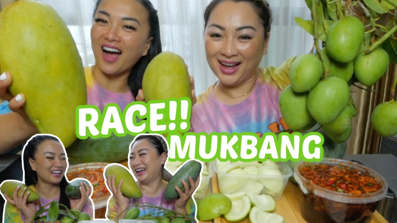 GIANT Mangos & Sour Mangos RACE Mukbang SAS ASMR vs. N.E Let's Eat