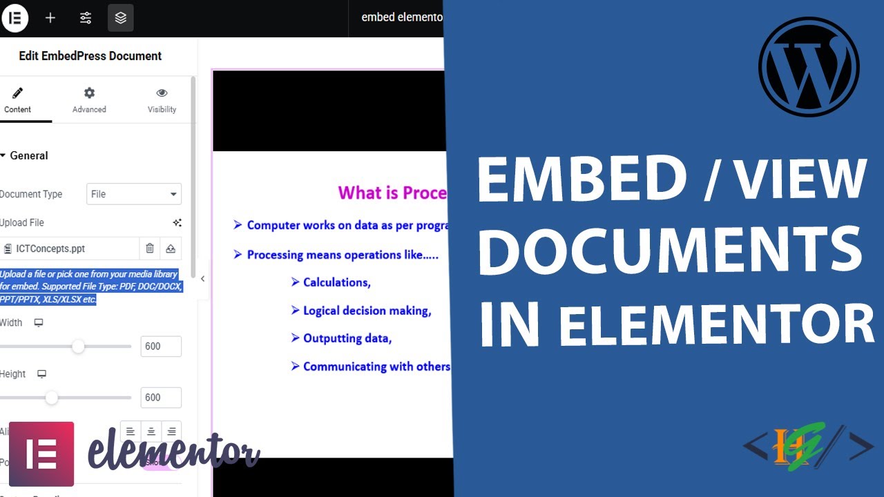 How to Embed Document Files PDF / DOC / DOCX / PPT / PPTX / XLS / XLSX etc. in Elementor WordPress