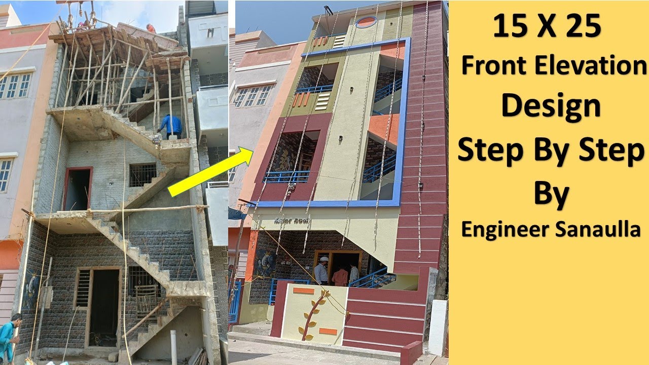 Front Elevation Design Work Step By Step || 15 x 25 Plastering to Paint work Details