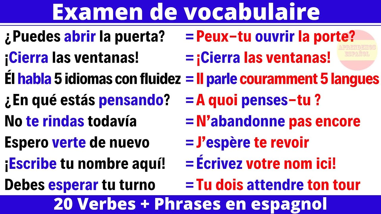 📝Examen de vocabulaire Espagnol - ( 20 Verbes + Phases ) | Apprendre l’espagnol facilement