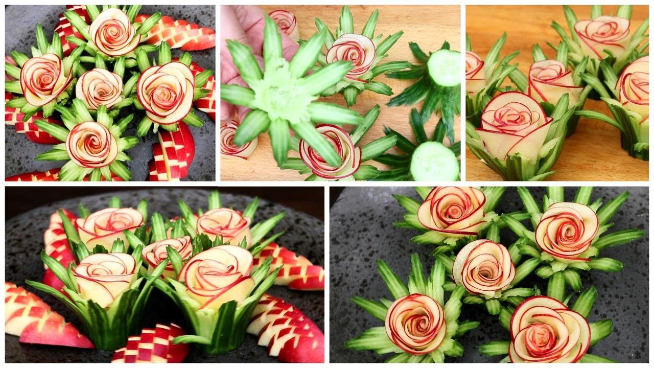 Super Salad Decoration Ideas - Apple Rose Cucumber Garnish - Creative Food Art Ideas