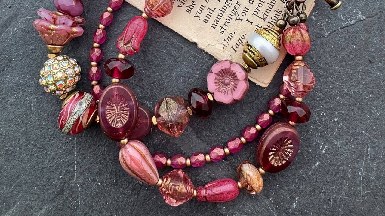 Pink glass and  brass metal multi strand bracelet kit