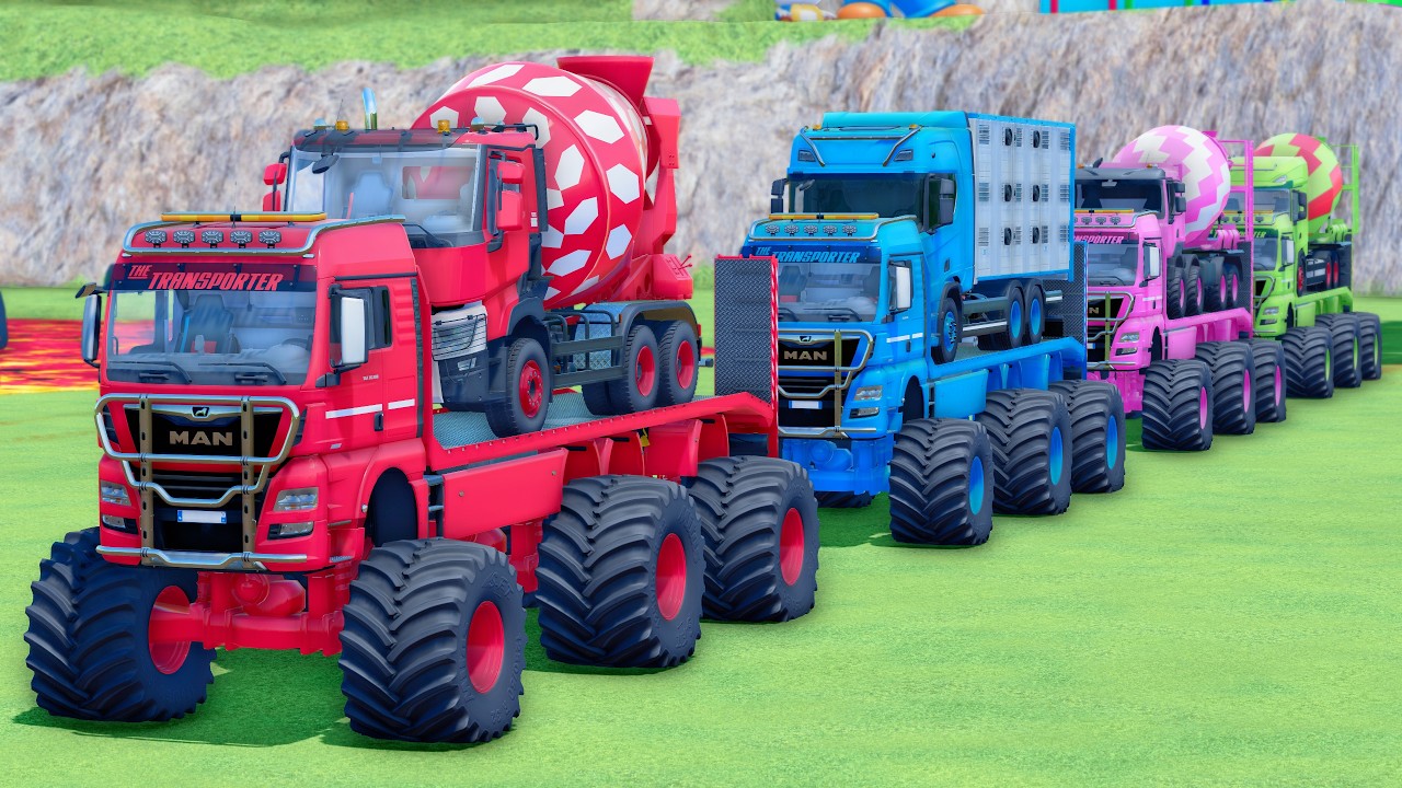 MONSTER FLATBED TRUCK LONG CONVOY TRANSPORT OF COLORS! ALL  MIXER TRUCK, SCANIA, DAF, RENAULT - FS25