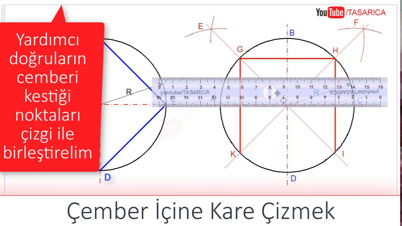 19-Çember İçine Kare (square drawing) Çizmek ►Renkli Teknik Resim