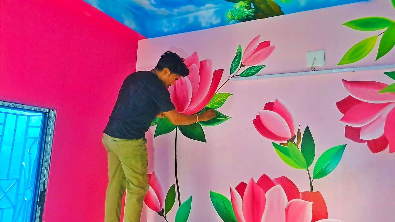 Beautiful Flower Wall Painting ||  Flower Wall Painting Design Idea 2024