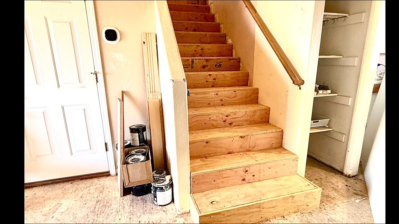 HOW TO LAYOUT MEASURE CUT INSTALL STAIRS HOME STAIRCASE RESIDENTIAL RETROFIT. RISERS TREADS OAK