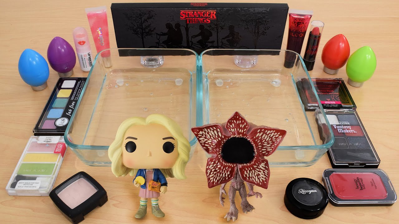 Stranger Things Eleven vs Demogorgon Mixing Makeup Eyeshadow Into Slime ASMR Satisfying Slime Video