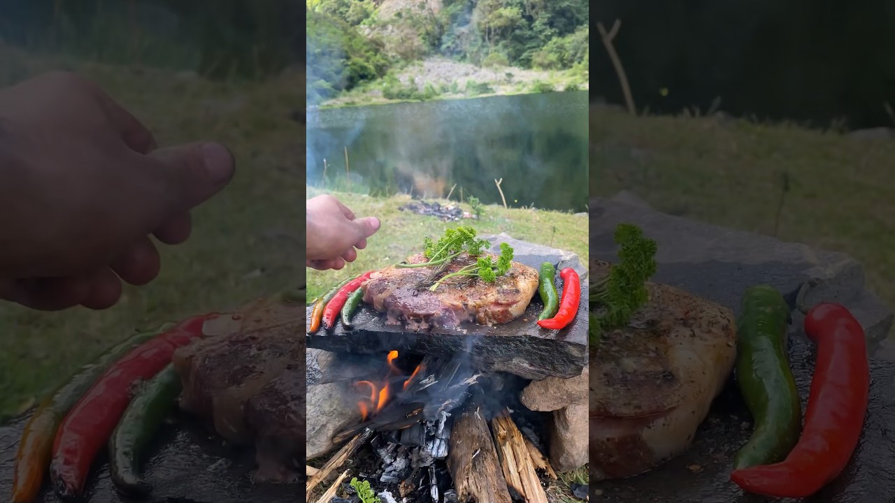 T-bone steak on a rock 🥩🇮🇩🪵🏕️💦 #danauslank #asmr #cooking #nature #campingfood #wilderness