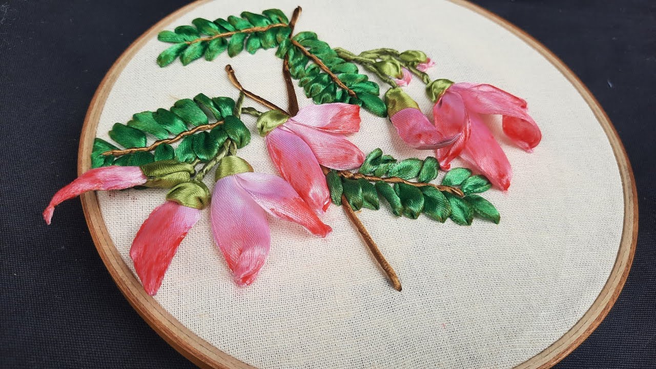 Ribbon embroidery tutorial Agathi flower | Ribbon Embroidery Design | Ribbon Embroidery