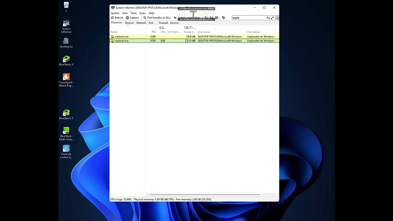 como filtrar usando el proceso explorer.exe en system informer