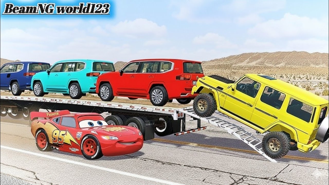 Flatbed Trailer McQueen Transportation with Truck – Speedbumps vs Cars vs Train – BeamNG.Drive #01