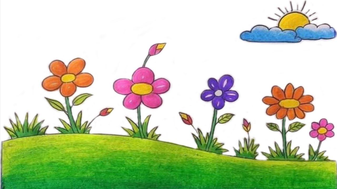 Easy Garden Scenery Drawing for Beginners | Simple Flower Drawing | Easy Flower Garden Drawing