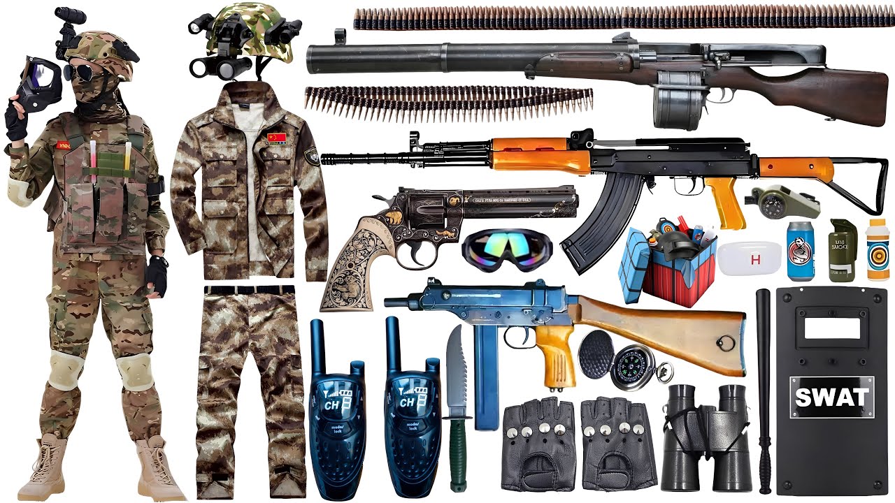 Zestaw specjalnej broni policyjnej do rozpakowania, pistolet maszynowy MP5, karabin snajperski, karabin szturmowy AUG, bomba