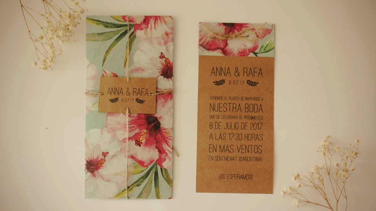 Invitación de boda con papel kraft y sobre con papel de scrapbooking | DIY