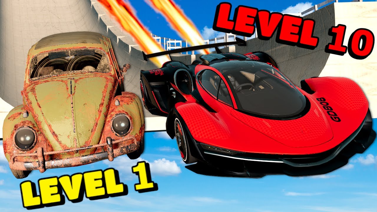 LEVEL 1 to 10 CARS vs HUGE RAMP! (BeamNG)