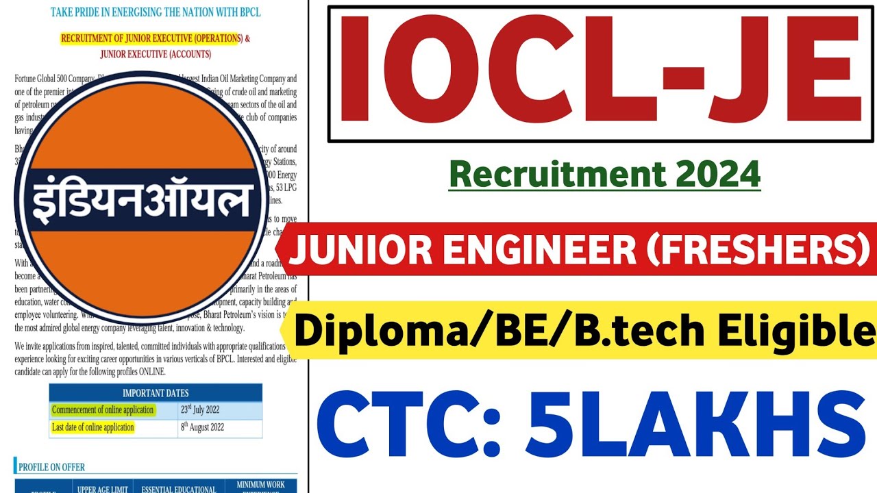 IOCL Junior Engineer Recruitment 2024 | Freshers | CTC: 5LPA | Jov Vacancy 2024 | IOCL Latest JE Job