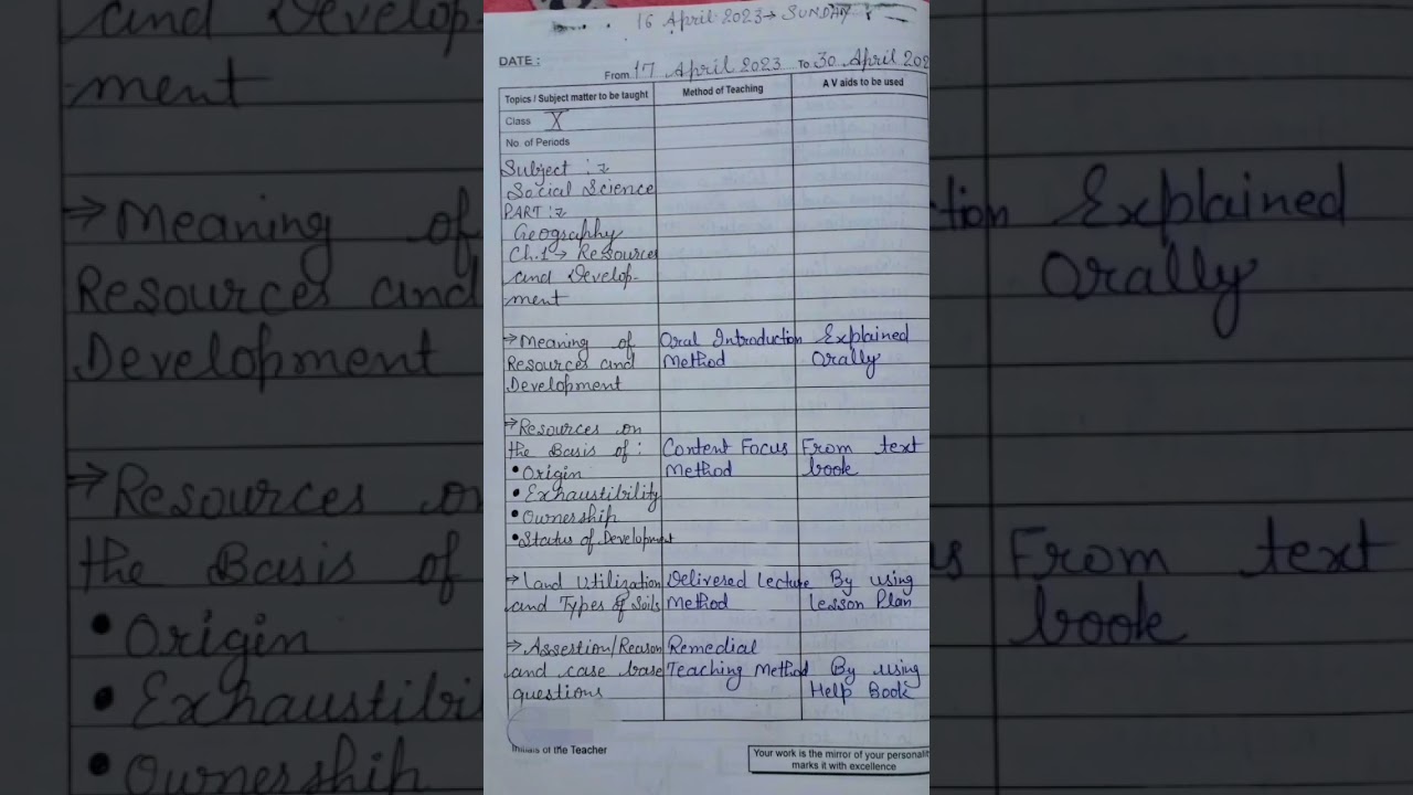 Teacher Diary | Planner | Class-10 | Social Science | Geography | Ch-1 | Resources And Development