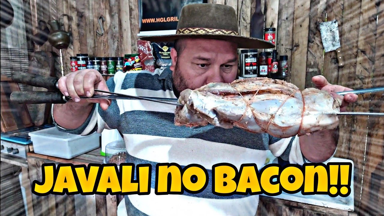 CHURRASCO DE CAÇA, (JAVALI FRISADO NO BACON).