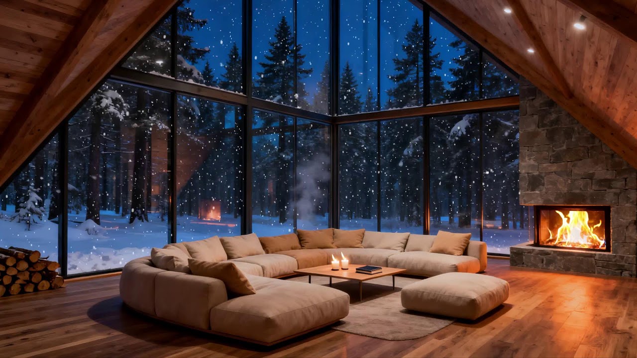Snow Covered Pines Outside the Glass Cabin 🔥 Fireplace Sounds for Deep Rest
