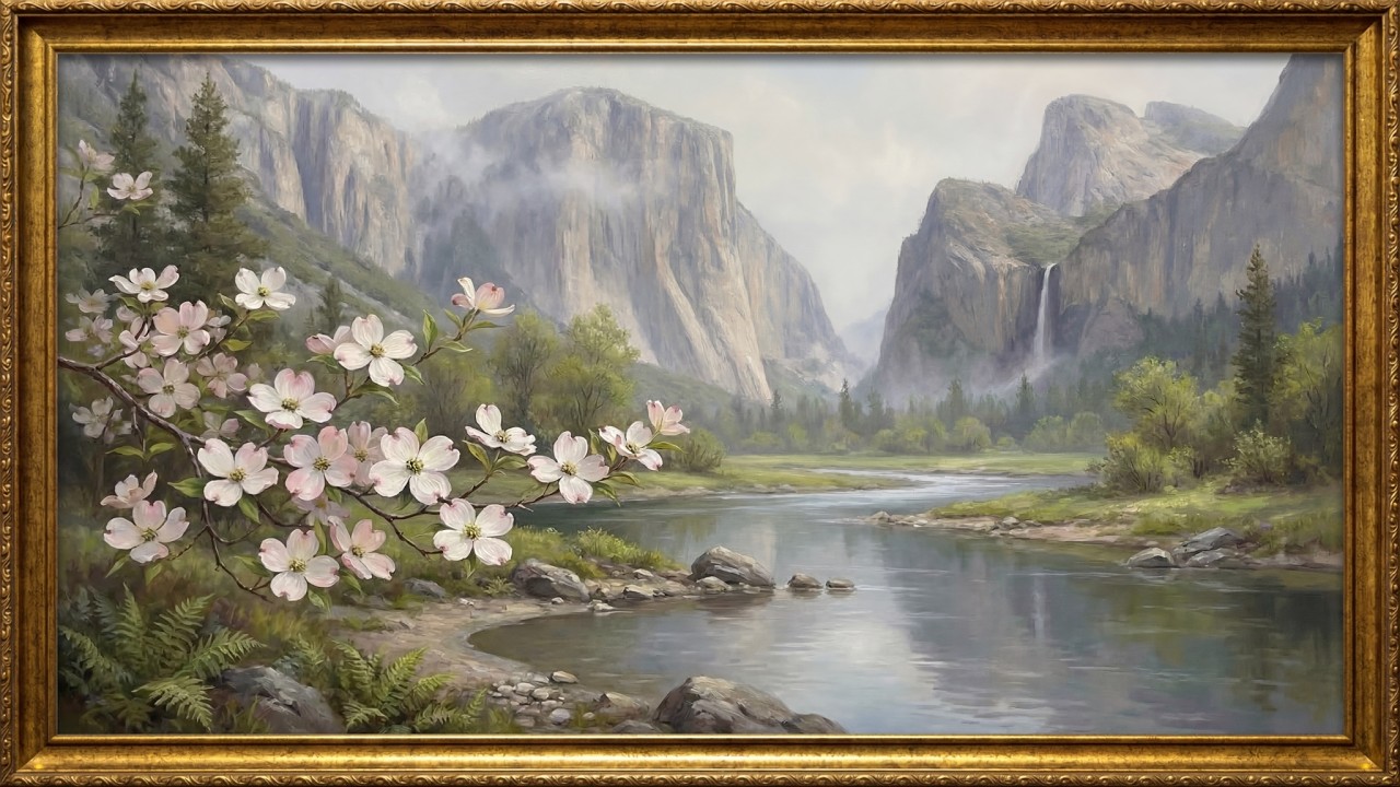Classic Dogwood Blossoms Yosemite Valley Spring Painting | Gold Frame TV Art Screensaver