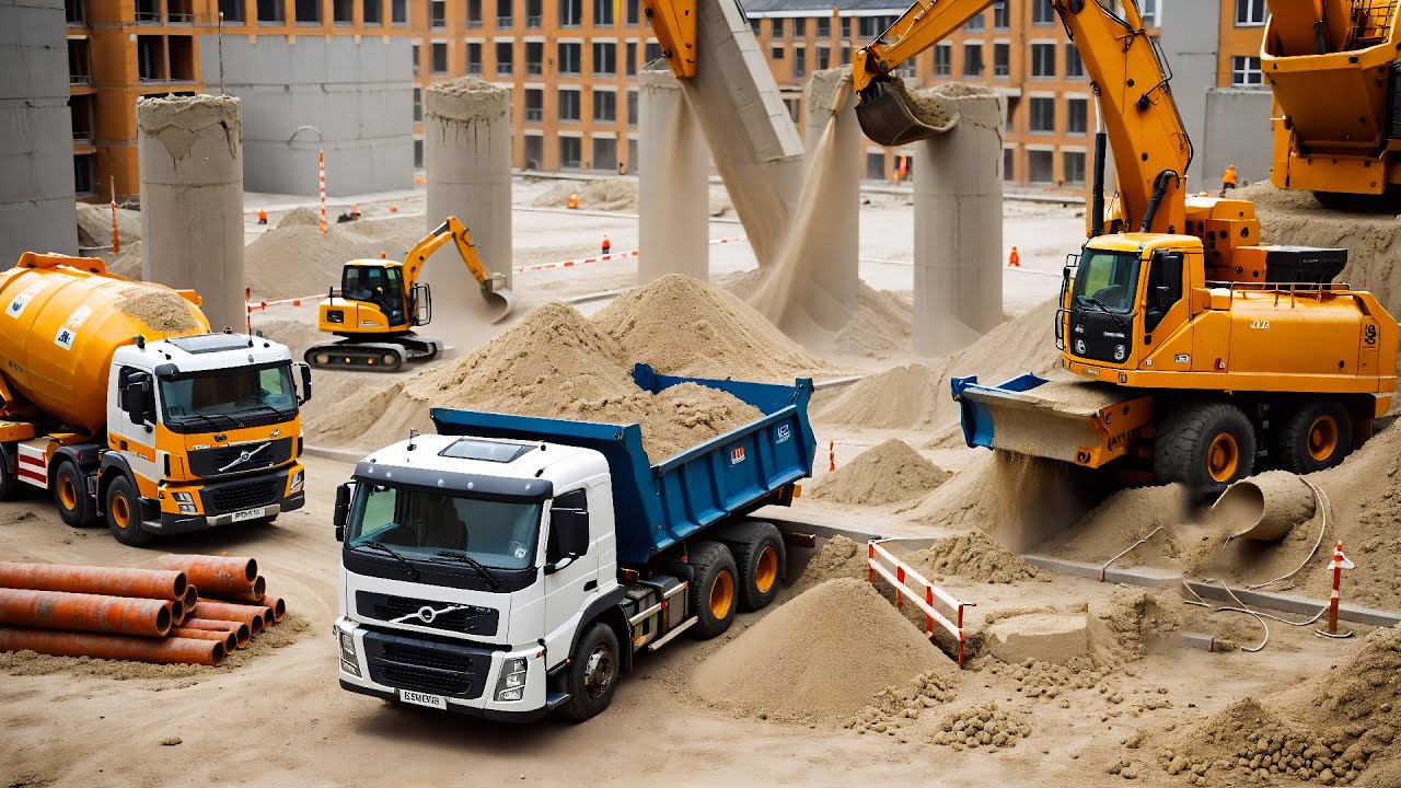 🏗️ Busy Construction Day: Excavator, Cement Truck & Dump Truck in Action