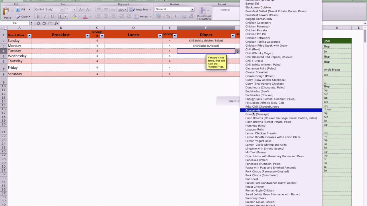 Grocery List Generator in Excel