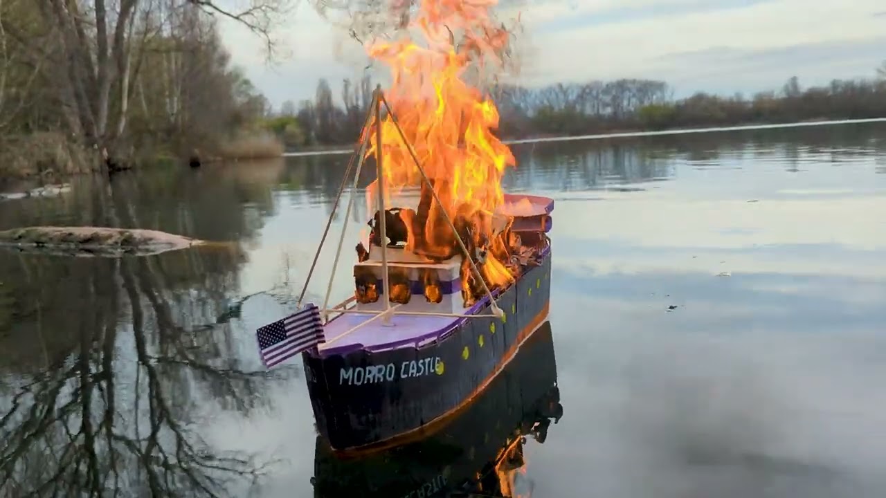 The burning of a handmade cardboard ship | from start to finish.