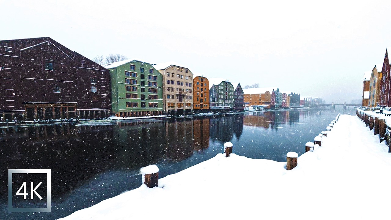 Walking in the Snow in Trondheim, Norway | Snow on Umbrella Sounds 4K ASMR