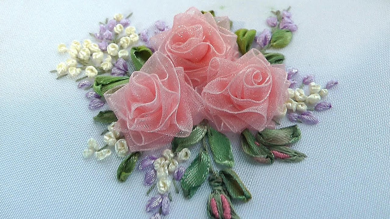 Pink Ribbon Roses Embroidery | Beautiful Ribbon & Thread Embroidery