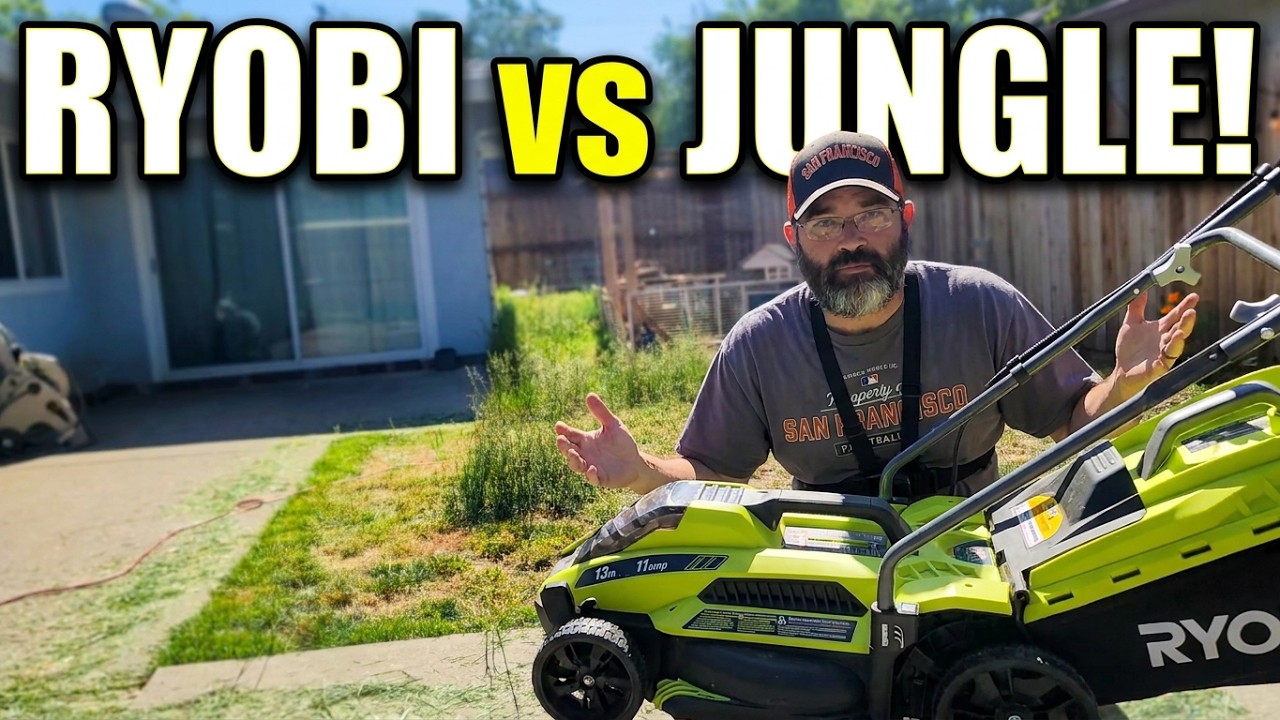 Ryobi 13 inch Electric Lawn mower vs OVERGROWN BACKYARD!