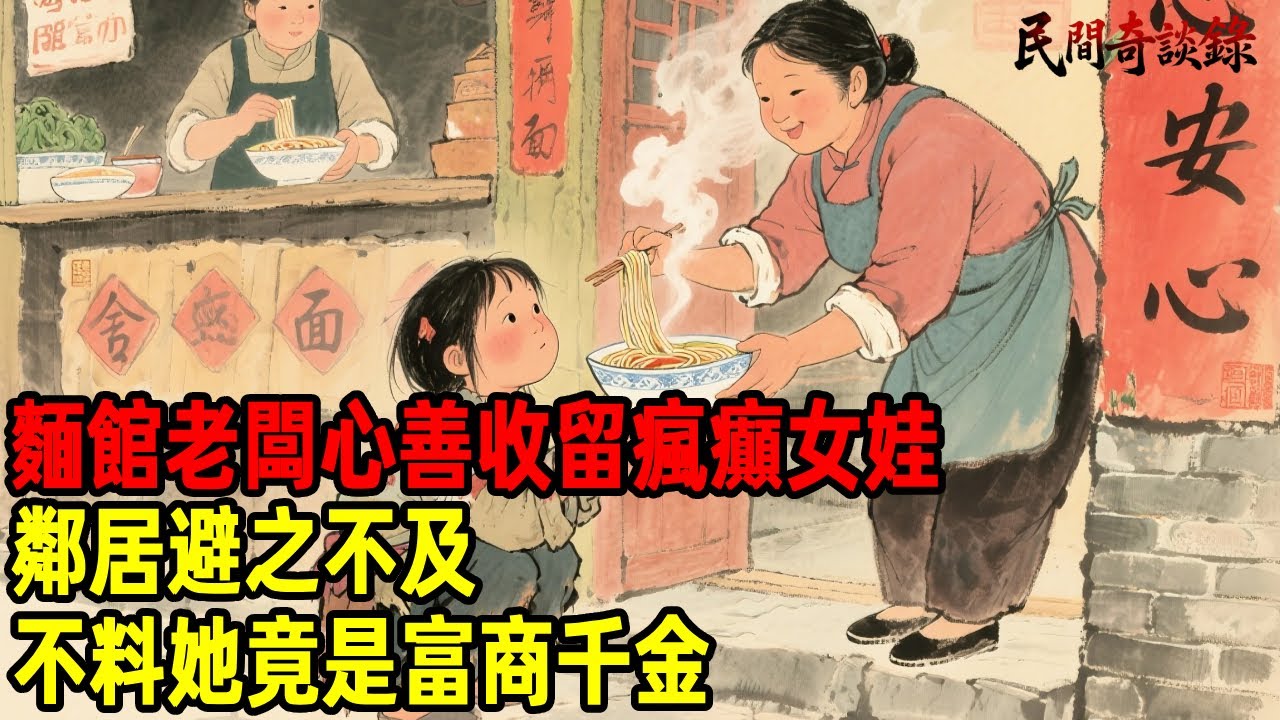 麵館老闆心善收留瘋癲女娃，鄰居避之不及，不料她竟是富商千金...【民間奇談錄】#民間故事 #台灣傳說 #懸疑故事 #銀髮頻道 #懷舊故事 #助眠故事