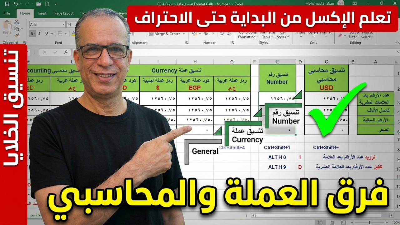 تنسيق الخلايا | تنسيق الأرقام عام و رقم و عملة و محاسبى