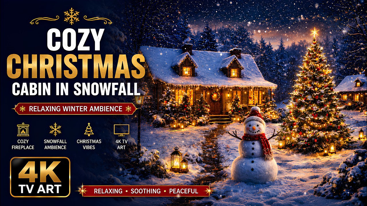 ✨ Cozy Christmas Cabin in Snowfall ❄️ Relaxing Winter TV Art 🎄 4K Fireplace Ambience